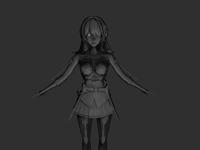 Woman In Black And White Sketch With Armor Outfit Long Hair Standing And Arms Outstretched 3d model