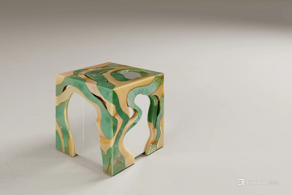 Modern Artistic Stool With Green And Yellow Marble Pattern And Hollow Out Design 3d model 