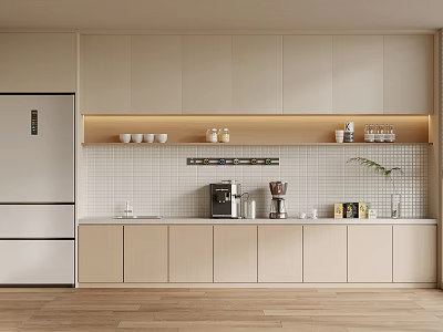 Modern Open Pantry Interior With Beige Cabinets White Tile Wall And Coffee Machine 3d model
