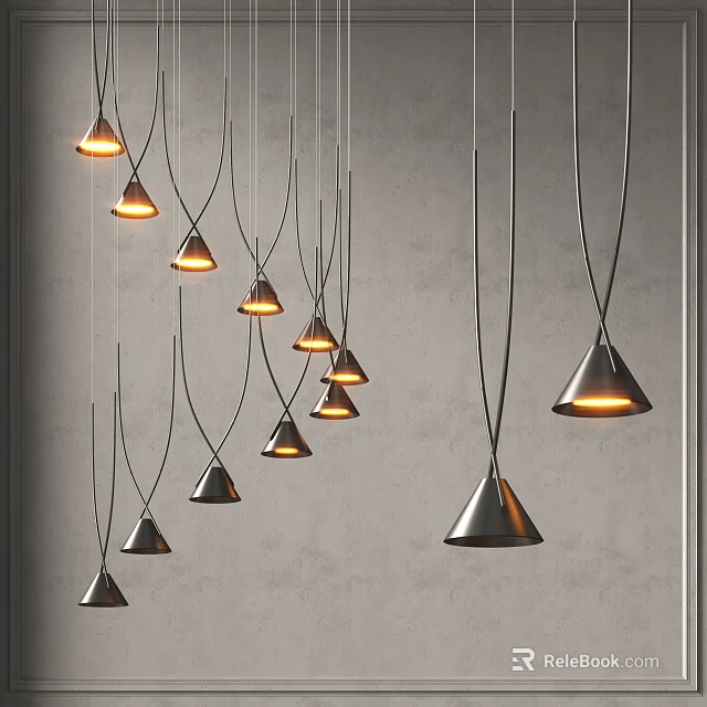 Modern Hanging Pendant Lights With Multiple Metallic Conical Shades Glowing On Gray Wall 3d model 