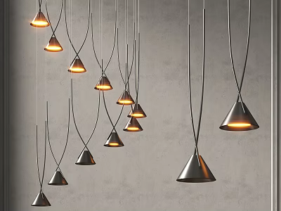 Modern Hanging Pendant Lights With Multiple Metallic Conical Shades Glowing On Gray Wall 3d model
