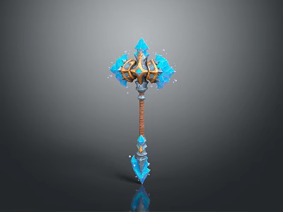 Ornate Fantasy Hammer With Blue Ice Crystals Golden Accents And Brown Handle 3d model