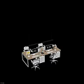Modern Office Desk Setup With Dual Monitors White Chairs Desk Lamp And Small Plant