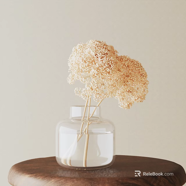 Elegant Bonsai Plant with Dried Flowers in Transparent Glass Vase on Dark Table Light Background 3d model 