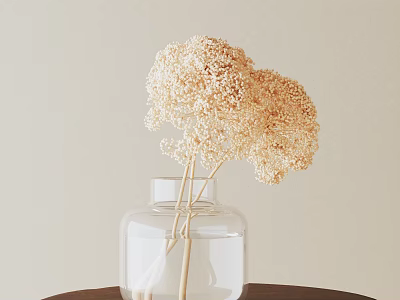 Elegant Bonsai Plant with Dried Flowers in Transparent Glass Vase on Dark Table Light Background 3d model