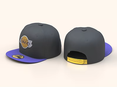 Dark Gray Snapback Cap With Purple Brim Lakers Logo And Yellow Back Label 3d model