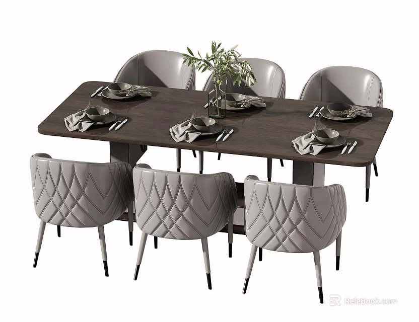 Dark Rectangular Dining Table Set With Six Gray Diamond Patterned Chairs Tableware And Green Plant 3d model 