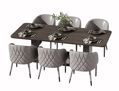 Dark Rectangular Dining Table Set With Six Gray Diamond Patterned Chairs Tableware And Green Plant 3d model