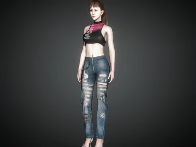 A Woman Dressed In Black Sleeveless Top With Pink Collar And Distressed Jeans 3d model