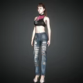 A Woman Dressed In Black Sleeveless Top With Pink Collar And Distressed Jeans