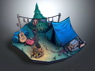 Cartoon Camping Scene With Blue Tent Christmas Tree Guitar Campfire Boxes And Rolled Blankets 3d model