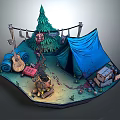 Cartoon Camping Scene With Blue Tent Christmas Tree Guitar Campfire Boxes And Rolled Blankets