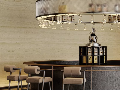 Elegant Modern Hotel Lobby Bar with Round Bar Counter High Chairs Chandelier and Wine Cabinet 3d model