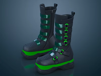 Fashionable Black And Green High Top Boots With Straps And Green Accents 3d model