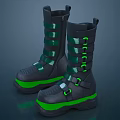 Fashionable Black And Green High Top Boots With Straps And Green Accents