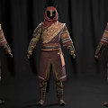 Fantasy Character Design With Red Gold Outfit Horned Helmet And Sword From Three Angles