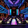 Futuristic Modern Bar Interior With Neon Lights Blue Orange Lighting And Stage Seating
