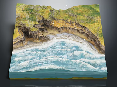 Scenic Garden Landscape With Green Hills Yellow Rock Layers Blue Waves And Sandy Beach 3d model