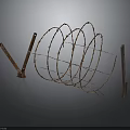Rusty Coiled Barbed Wire Structure With Wooden Stakes And Spiral Form