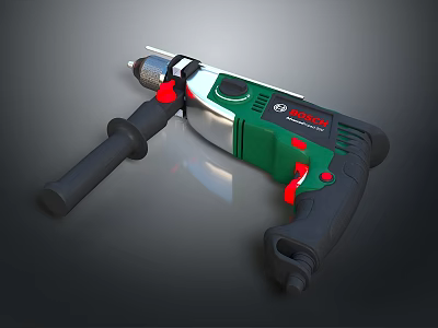 Professional Electric Drill With Green Black Body Red Buttons And Auxiliary Handle 3d model
