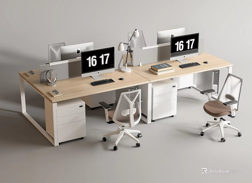 Modern Office Desk Setup With Dual Monitors Ergonomic Chairs And Drawer Cabinets 3d model 