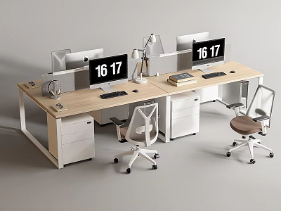 Modern Office Desk Setup With Dual Monitors Ergonomic Chairs And Drawer Cabinets 3d model