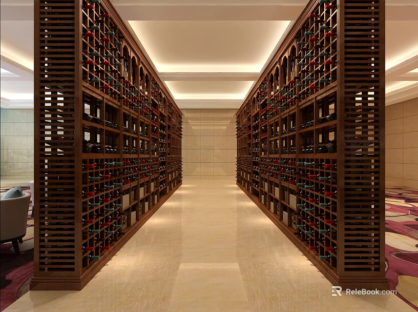 Elegant Wine Cellar With Wooden Racks Filled With Wine Bottles And Central Aisle 3d model 