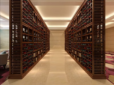 Elegant Wine Cellar With Wooden Racks Filled With Wine Bottles And Central Aisle 3d model