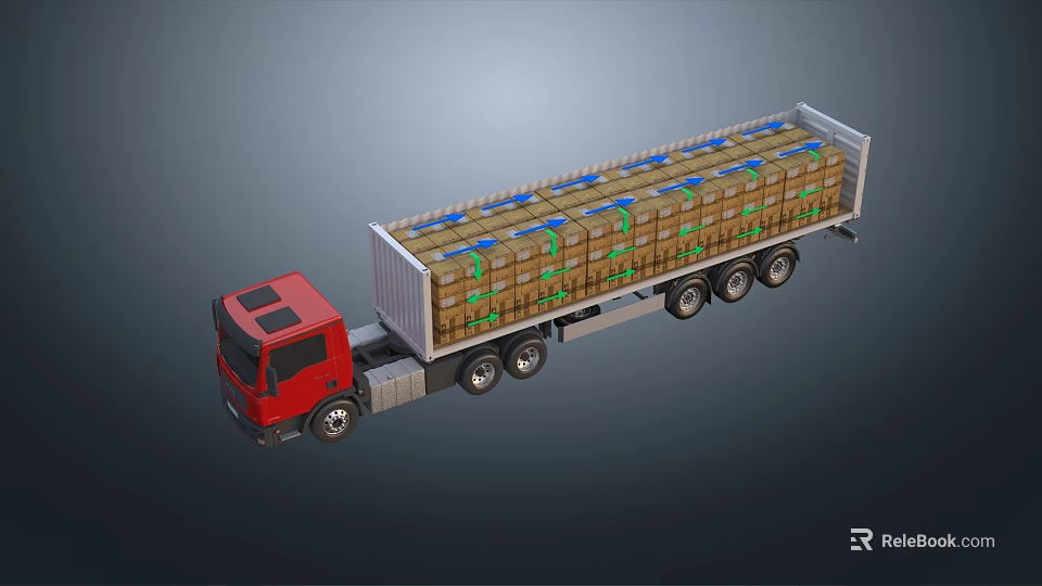 Industrial Equipment Cargo Transported by Red Fully Loaded Semi Trailer Truck 3d model 