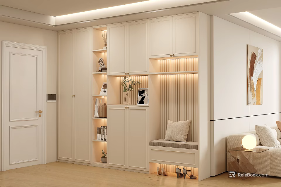 Modern Shoe Cabinet with Storage Shelves Lighting and Bench in Living Room Interior 3d model 