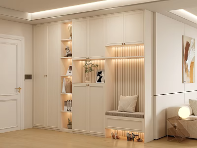 Modern Shoe Cabinet with Storage Shelves Lighting and Bench in Living Room Interior 3d model