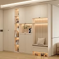 Modern Shoe Cabinet with Storage Shelves Lighting and Bench in Living Room Interior