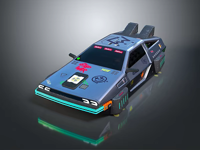 Futuristic Cyberpunk Car With Neon Green Lights Roof Engine And Sticker Decals 3d model