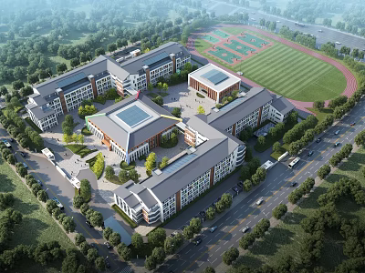 Modern School Building Complex With Teaching Buildings Sports Field And Green Landscaping 3d model