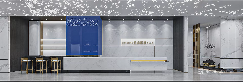 Modern Front Desk Reception With Marble Background Wall Company Logo And Ceiling Decor 3d model 