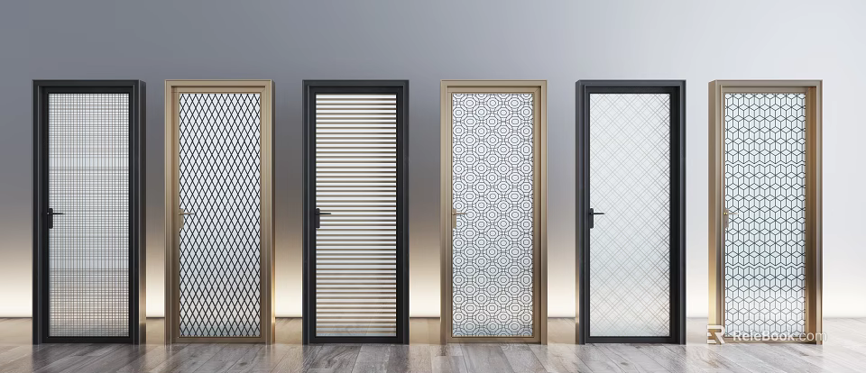 Modern Hinged Doors Featuring Different Glass Patterns And Gold Black Frames 3d model