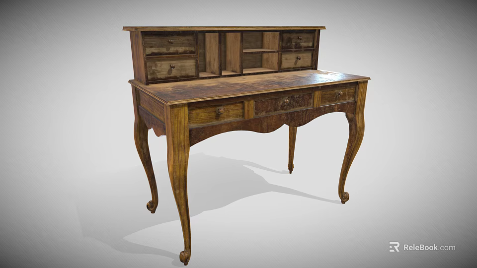 Vintage Wooden Writing Desk With Drawers Open Shelves And Curved Legs 3d model 