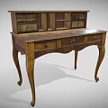 Vintage Wooden Writing Desk With Drawers Open Shelves And Curved Legs
