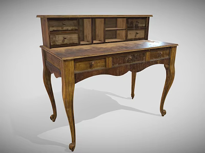 Vintage Wooden Writing Desk With Drawers Open Shelves And Curved Legs 3d model