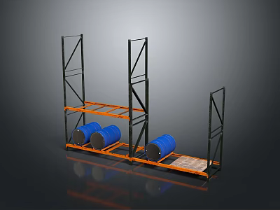 Scenic View Of Industrial Landscape With Metal Shelves Blue Barrels And Pallets 3d model
