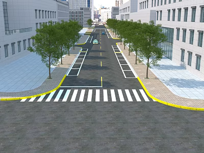 Municipal Road With Two Way Lanes Trees Buildings And Zebra Crossings 3d model