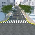 Municipal Road With Two Way Lanes Trees Buildings And Zebra Crossings