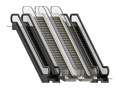 Multiple Escalators With Transparent Handrails And Black Frames In Public Area 3d model
