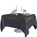 Stylish Tea Table Decorated With Red Tablecloth Orange Stripe Tableware And Candle Holders 3d model