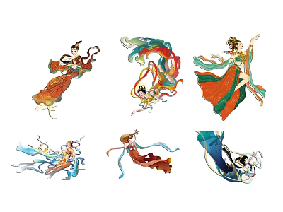 Elegant Women in Traditional Chinese Robes Flying with Flowing Silks and Graceful Poses 3d model