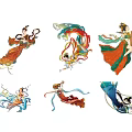 Elegant Women in Traditional Chinese Robes Flying with Flowing Silks and Graceful Poses