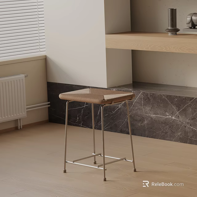 Modern Bar Stool With Metal Frame And Woven Seat By Marble Countertop And Wooden Shelf 3d model 