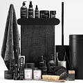 Modern Black Bathroom Accessories Including Towel Bottles Toilet Brush And Trash Can