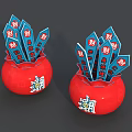 Two Red Jars With Chao Characters Filled With Blue Cards Featuring Cai Characters 3d model