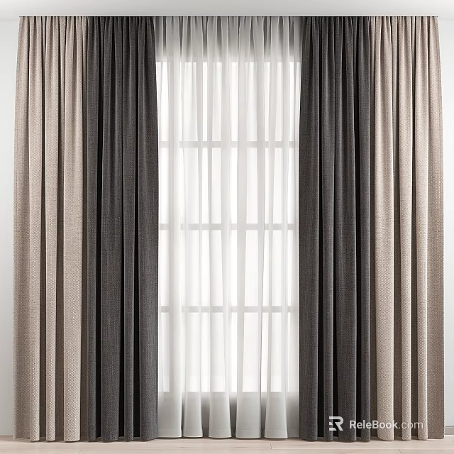 Layered Dark Gray And Beige Curtains With White Sheer Panels For Window Decor 3d model 